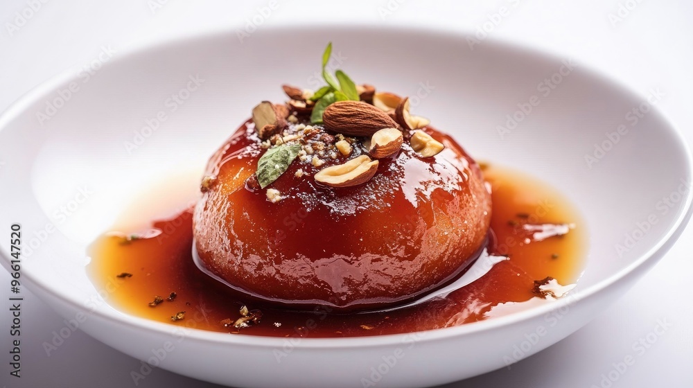 A beautifully presented Indian sweet dish, such as gulab jamun or jalebi, with rich syrup and a garnish of nuts, set against a clean, elegant background. A beautifully presented Indian sweet dish, such as gulab jamun or jalebi, with rich syrup and a garnish of nuts, set against a clean, elegant background.