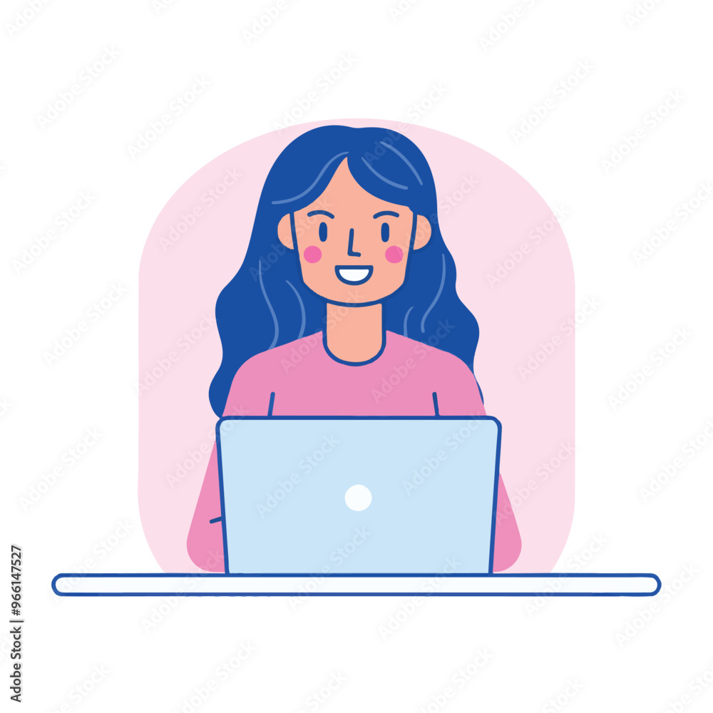A woman smiling while sitting at her laptop, flat illustration style, white background
A woman smiling while sitting at her laptop, flat illustration style, white background