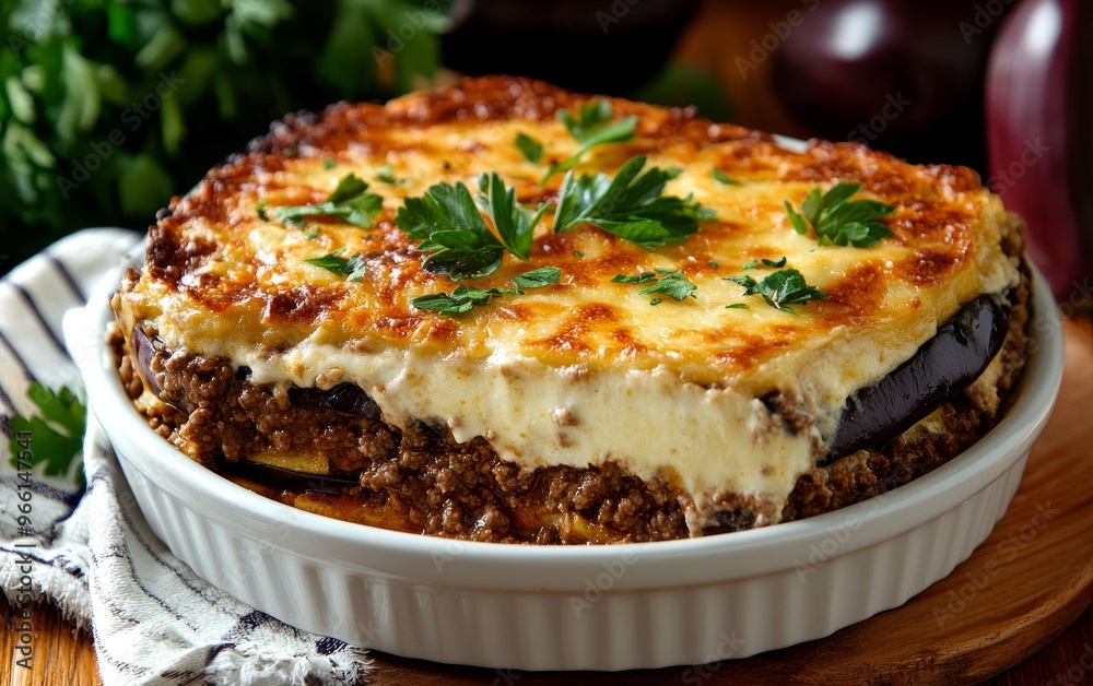 A delicious baked dish featuring layers of eggplant, ground meat, and creamy sauce, garnished with parsley. A delicious baked dish featuring layers of eggplant, ground meat, and creamy sauce, garnished with parsley.