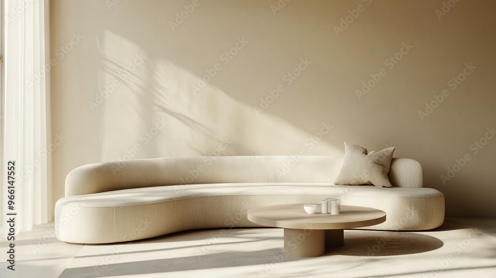 Beige Curved Sofa and Coffee Table in Minimalist Modern Living Room - AI generated illustration Beige Curved Sofa and Coffee Table in Minimalist Modern Living Room - AI generated illustration