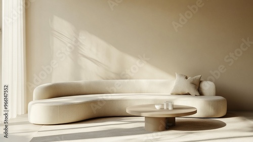 Beige Curved Sofa and Coffee Table in Minimalist Modern Living Room - AI generated illustration