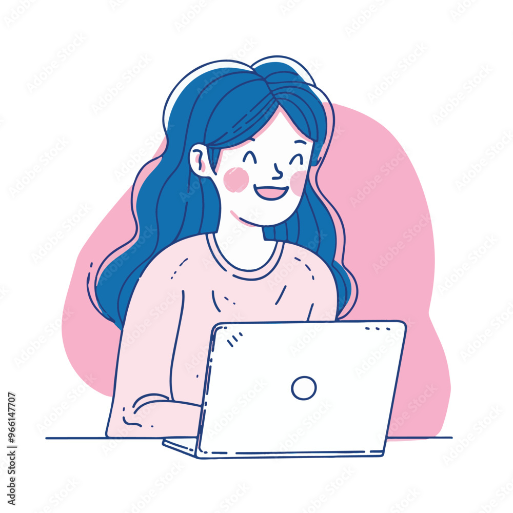 A woman smiling while sitting at her laptop, flat illustration style, white background
A woman smiling while sitting at her laptop, flat illustration style, white background