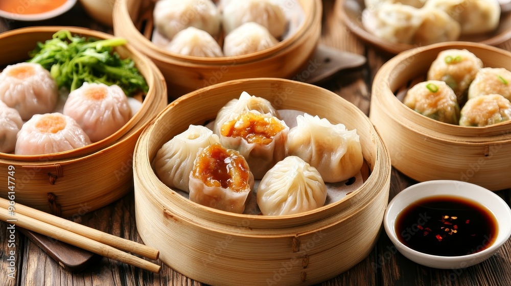 A variety of dumplings served in bamboo steamers, showcasing different fillings and accompanied by dipping sauce. A variety of dumplings served in bamboo steamers, showcasing different fillings and accompanied by dipping sauce.