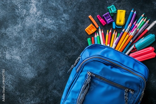 Blue Backpack with Colorful School Supplies in Flat Lay Top View - AI generated illustration