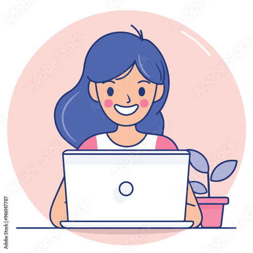 A woman smiling while sitting at her laptop, flat illustration style, white background 