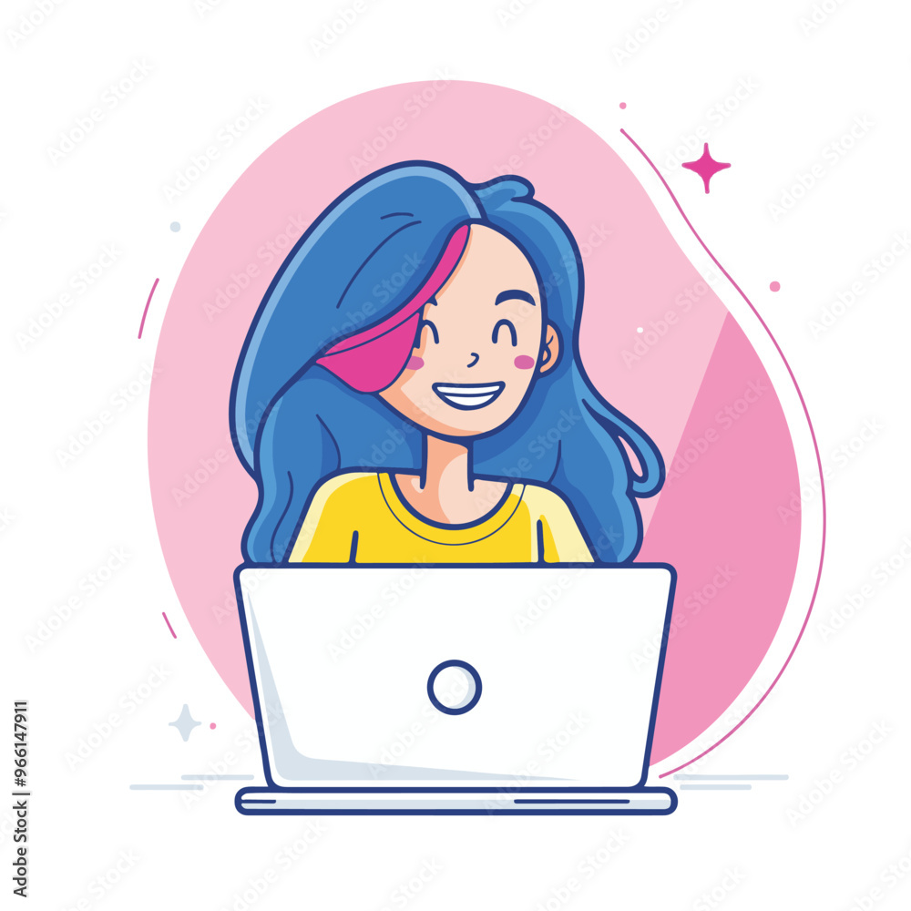 A woman smiling while sitting at her laptop, flat illustration style, white background
A woman smiling while sitting at her laptop, flat illustration style, white background