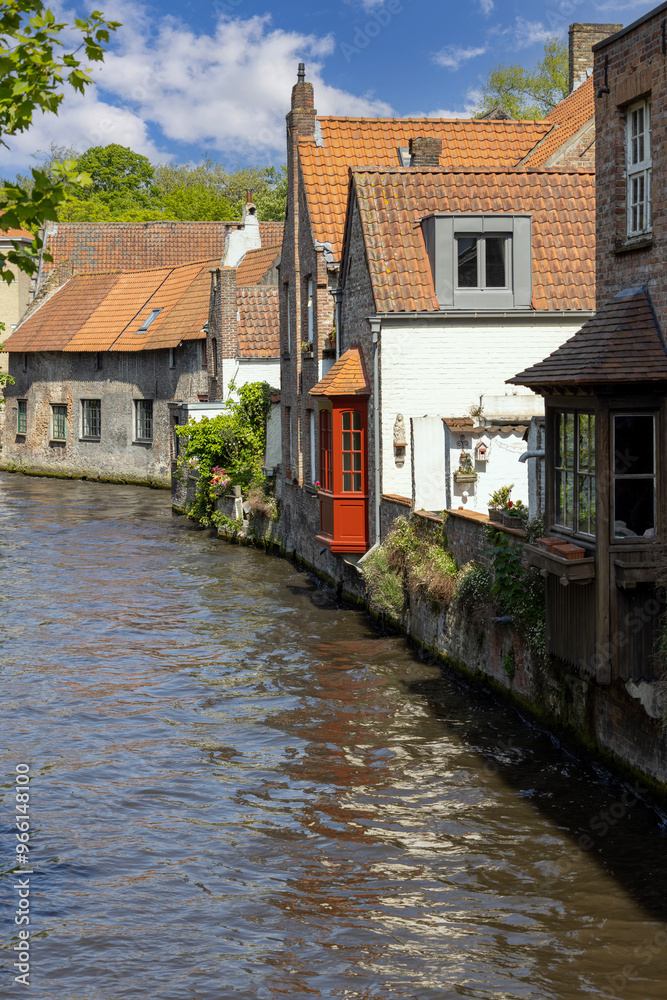 View from Mary's Bridge of Rosary Quay and water channel Dijver Canal, Bruges, Belgium