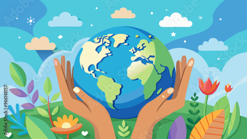 Internationnal Peace Day concept. Hands holding globe over sky background. Paper art and craft style
