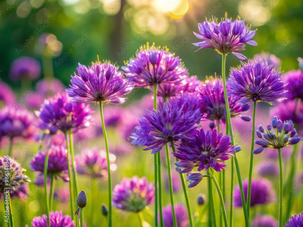 Delicate, ovular blooms with slender petals in vibrant shades of purple, swaying gently in the breeze, surrounded by Delicate, ovular blooms with slender petals in vibrant shades of purple, swaying gently in the breeze, surrounded by