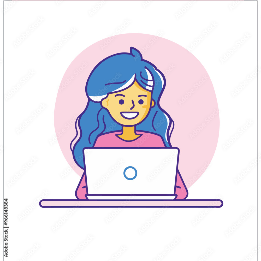 A woman smiling while sitting at her laptop, flat illustration style, white background
A woman smiling while sitting at her laptop, flat illustration style, white background