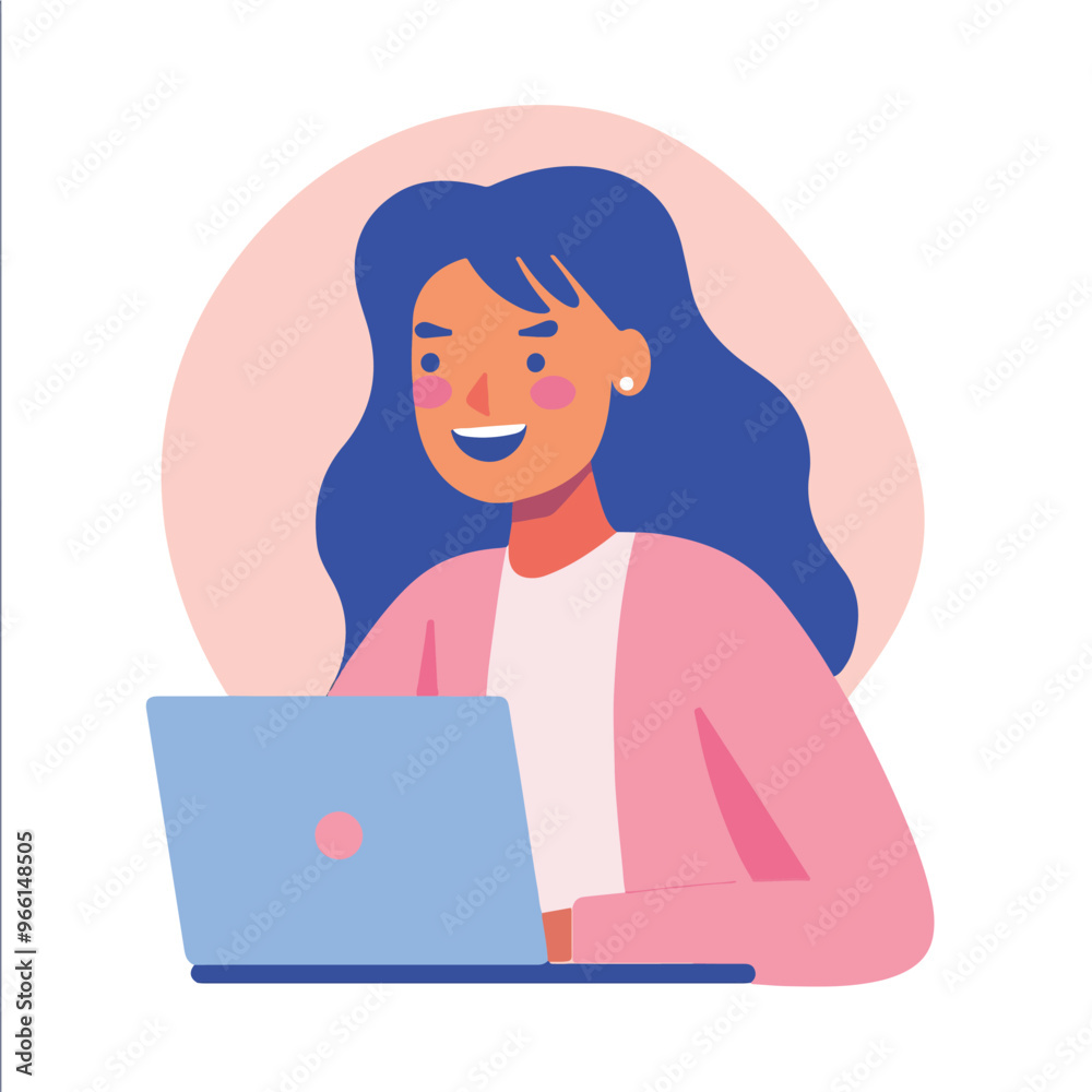 A woman smiling while sitting at her laptop, flat illustration style, white background
A woman smiling while sitting at her laptop, flat illustration style, white background