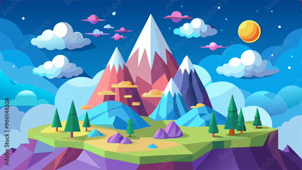 Cute mountain and cloud background. Paper art and origami style Cute mountain and cloud background. Paper art and origami style