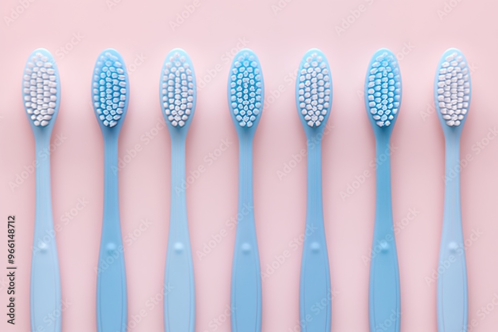 A row of blue toothbrushes are lined up on a pink background A row of blue toothbrushes are lined up on a pink background