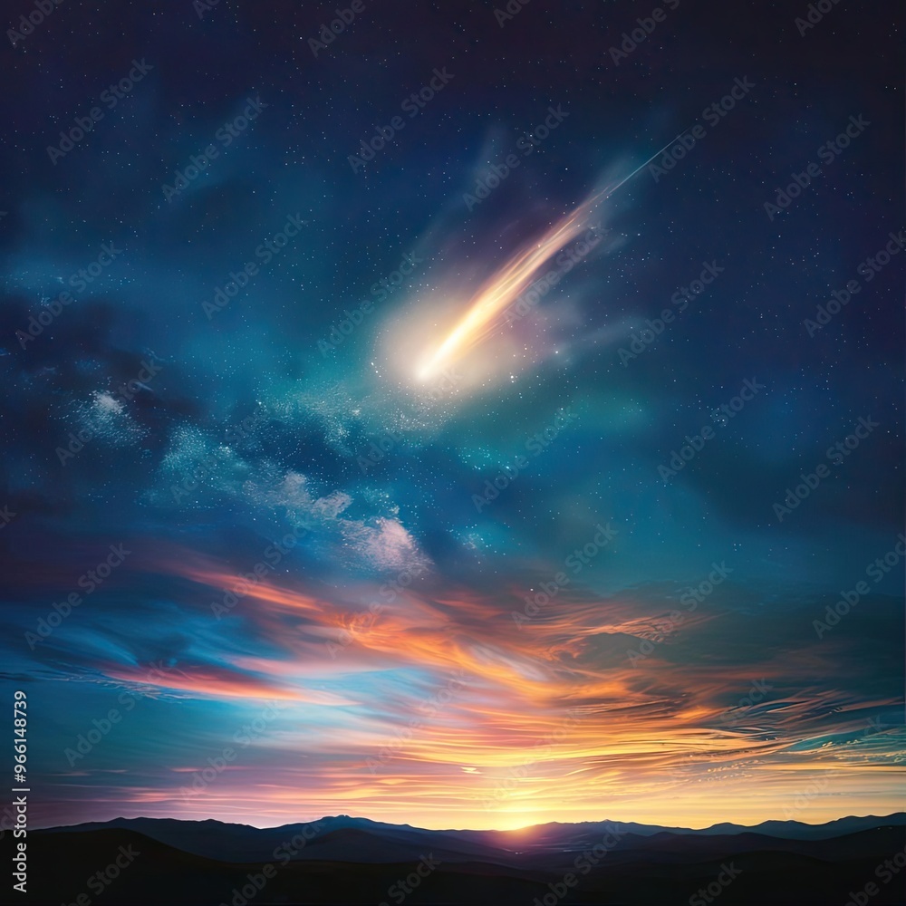 Fototapeta premium A comet arriving in the night sky, dazzling spectators, while another celestial body departs, fading into the universe