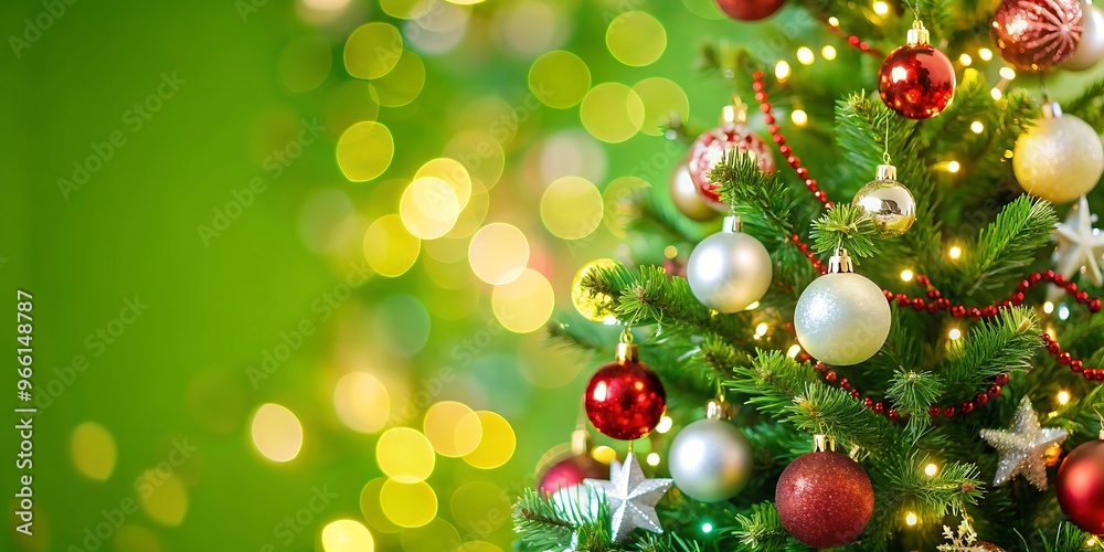 Christmas Tree With Ornament And Bokeh Lights In Red Background Christmas Tree With Ornament And Bokeh Lights In Red Background