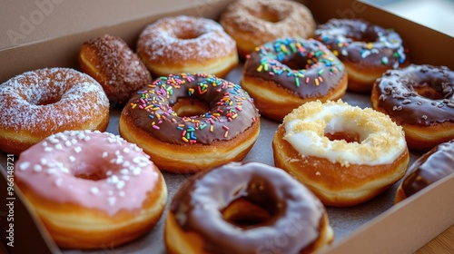 A box of freshly made donuts with some donuts slightly exposed, emphasizing the variety of flavors and the irresistible appeal of the treat.