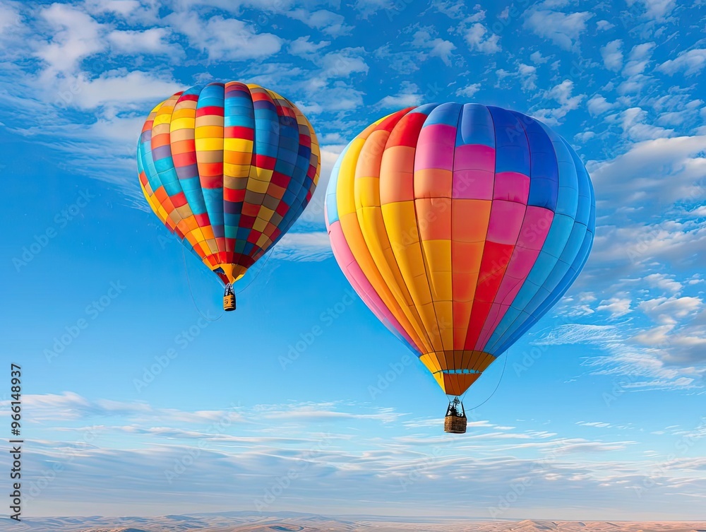 Obraz premium A colorful hot air balloon arriving gently at a landing site, while another ascends into the sky, carrying dreams and aspirations