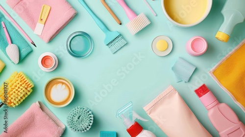 A colorful flatlay composition featuring various espresso machine cleaning products like tablets, brushes, and cloths, arranged artfully on a pastelcolored background