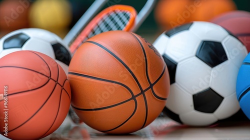 A collection of school sports equipment neatly arranged on a gym floor