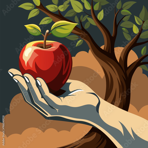Bible. Old Testament. Creation. Genesis. Eve looked at the apple. It was beautiful and looked delicious. Close up of the hand holding the forbidden fruit.