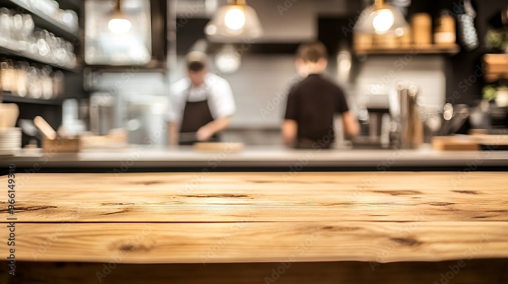 Wooden Table in Restaurant Kitchen with Young Chefs - AI generated illustration Wooden Table in Restaurant Kitchen with Young Chefs - AI generated illustration