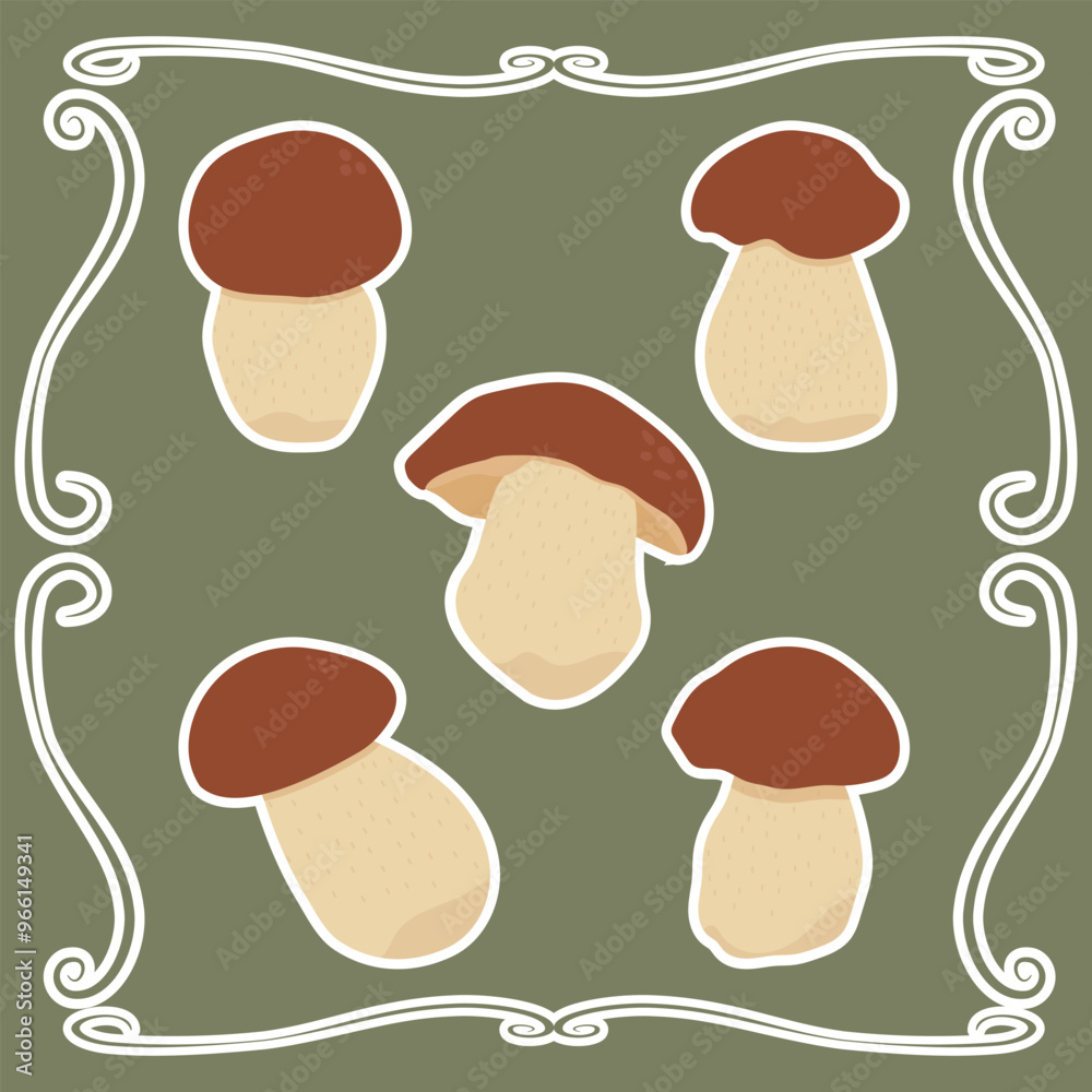 Set of vector boletus mushroom stickers on a plain background Set of vector boletus mushroom stickers on a plain background