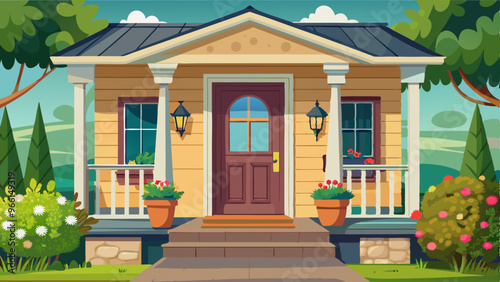 Home exterior facade with closed entrance door and wooden porch, decorative flowers in pot and fence, window and lantern on wall. Cartoon vector illustration of front suburban house entry veranda.