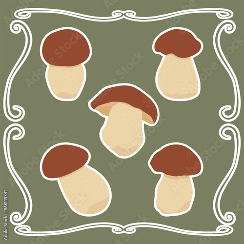 Set of vector boletus mushroom stickers on a plain background