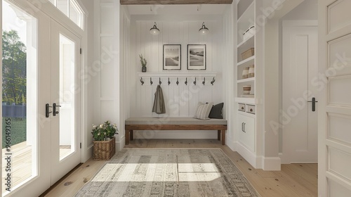 A spacious entryway with a bench, coat hooks, and a welcoming atmosphere photo