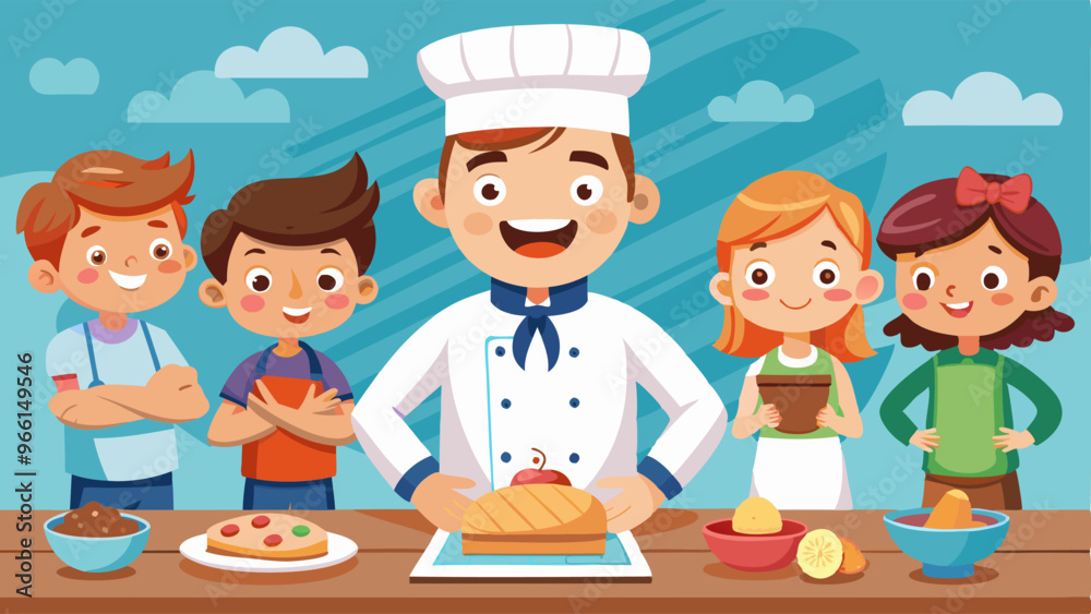 Male chef and kids cooking in kitchen. Vector cartoon illustration of cheerful young man in white uniform holding bowl, curious boys and girl smiling, cutting board on wooden table, baking workshop Male chef and kids cooking in kitchen. Vector cartoon illustration of cheerful young man in white uniform holding bowl, curious boys and girl smiling, cutting board on wooden table, baking workshop