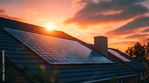 Close-up of Solar Panels on Urban House Roof During Golden Hour - AI generated illustration.
