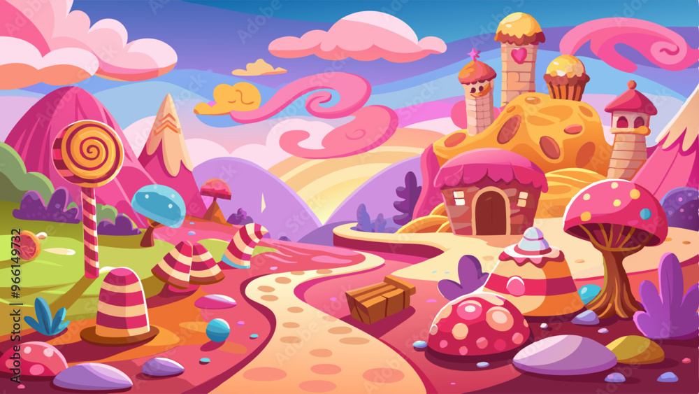 Candy land world with sweet game landscape vector. Fantasy magic pink candyland with cloud in sky and caramel village environment. Beautiful sugar yummy house bear childish road and dessert mushroom Candy land world with sweet game landscape vector. Fantasy magic pink candyland with cloud in sky and caramel village environment. Beautiful sugar yummy house bear childish road and dessert mushroom