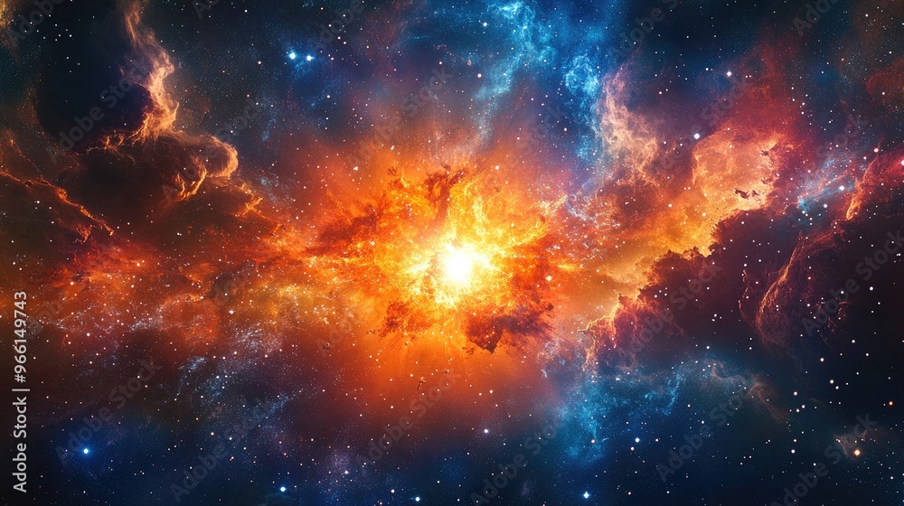 Obraz premium A cosmic scene of an exploding supernova in a colorful galaxy nebula filled with twinkling stars and swirling gas.