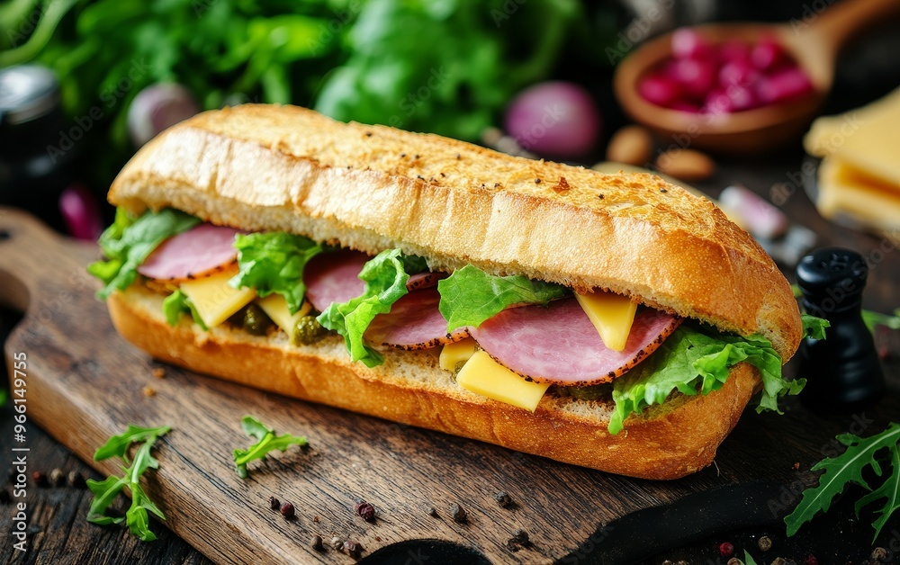 A delicious sandwich filled with ham, cheese, and fresh greens, served on a wooden board. A delicious sandwich filled with ham, cheese, and fresh greens, served on a wooden board.