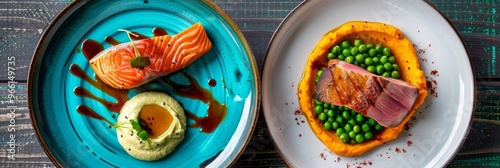 Wallpaper Mural Salmon steak and sliced duck breast with hummus, plum sauce, pumpkin and green pea puree Torontodigital.ca