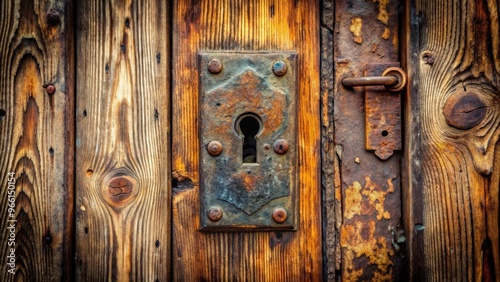 A vintage rustic door with a rusty lock and keyhole, symbolizing the passage of time and mystery