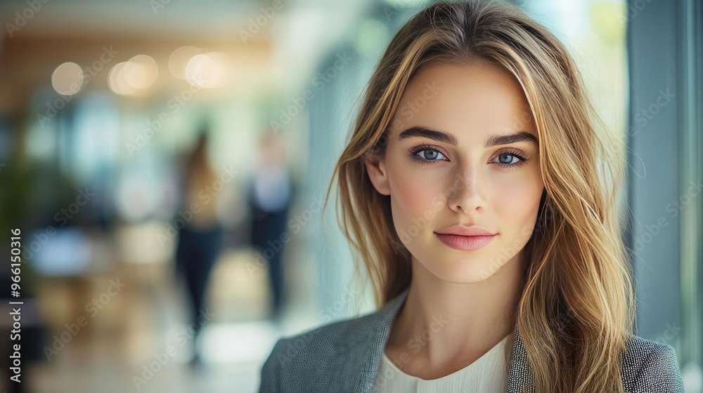 A businesswoman in a sophisticated outfit, looking directly at the camera with a clear, engaged expression, set against a well-lit office setting with blurred colleagues in the background. A businesswoman in a sophisticated outfit, looking directly at the camera with a clear, engaged expression, set against a well-lit office setting with blurred colleagues in the background.