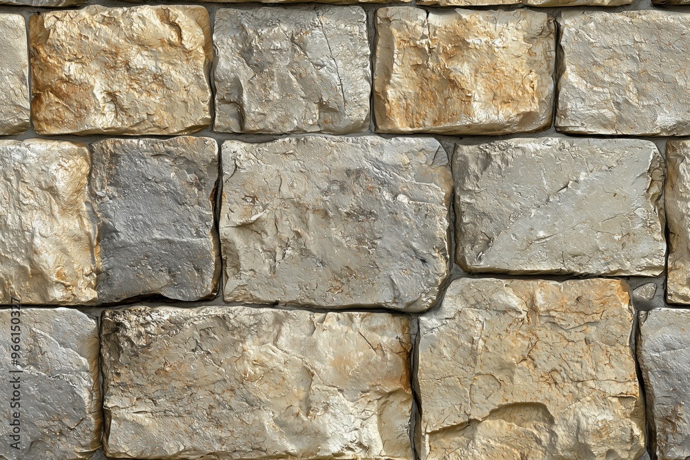 Obraz premium Textured coursed stone cladding wall made of irregularly shaped stones in shades of gray and beige. The stones have a rough surface and varied sizes, creating a natural, rustic appearance.
