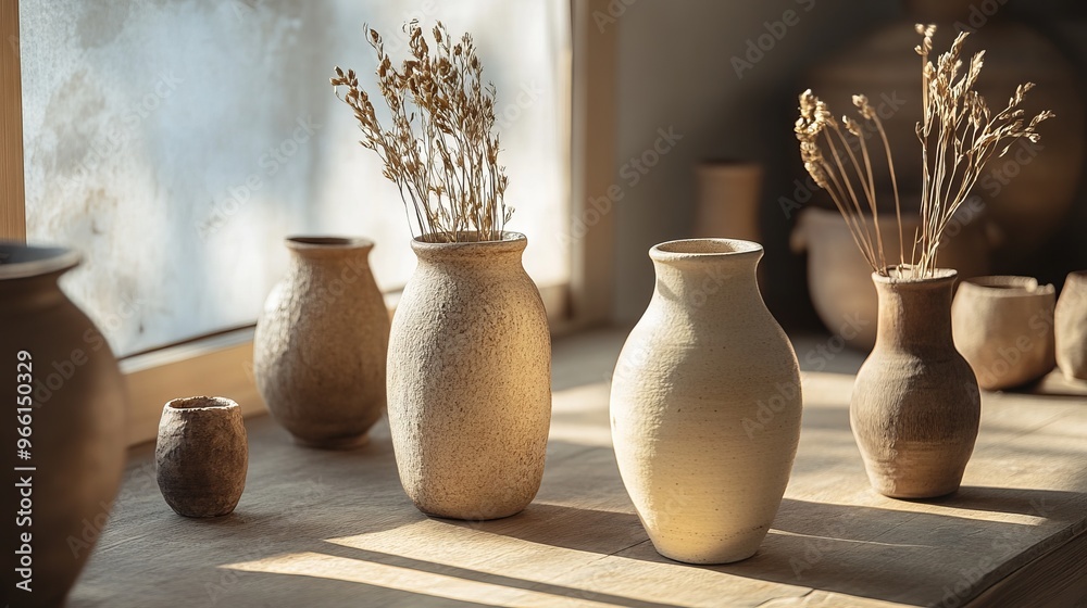 Handmade Vases and Pots on Table - AI generated illustration Handmade Vases and Pots on Table - AI generated illustration