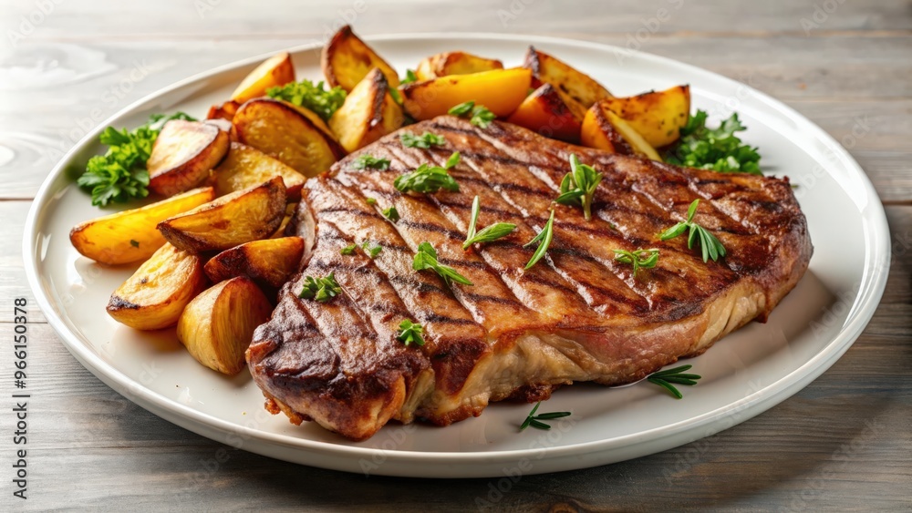 A thick juicy t-bone steak served with spicy potato wedges on a white plate A thick juicy t-bone steak served with spicy potato wedges on a white plate