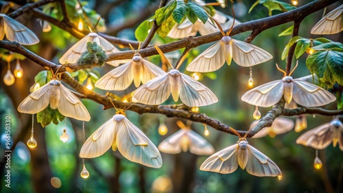 Delicate, silky cocoons of lunar moths hang suspended from branches, their protective casings shimmering with soft, photo
