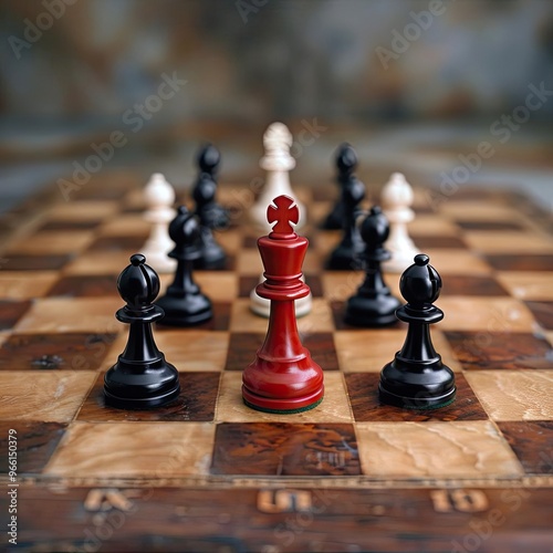 A chessboard with a fallen king piece, surrounded by victorious pawns, representing unexpected defeat in the midst of triumph. photo