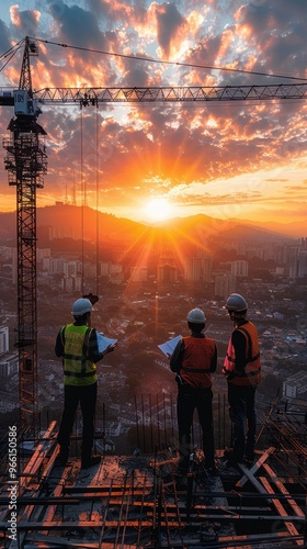 Wallpaper Mural A male construction worker wearing a white helmet and green vest, holding blueprints, talking to two Asian men engineers in yellow safety jackets with hard hats, standing on a building site under a cr Torontodigital.ca