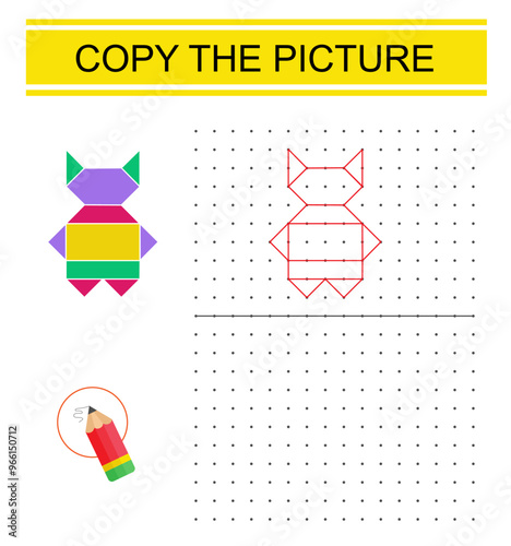 Educational game for preschool kids. Copy the cartoon animal picture by connecting the dot. Dot to dot copy practice.