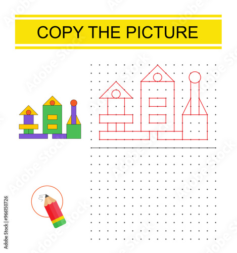 Educational game for preschool kids. Copy the cartoon excavator picture by connecting the dot. Dot to dot copy practice.