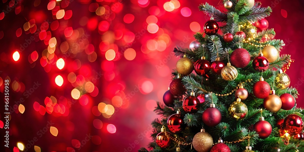 Christmas Tree With Ornament And Bokeh Lights In Red Background Christmas Tree With Ornament And Bokeh Lights In Red Background