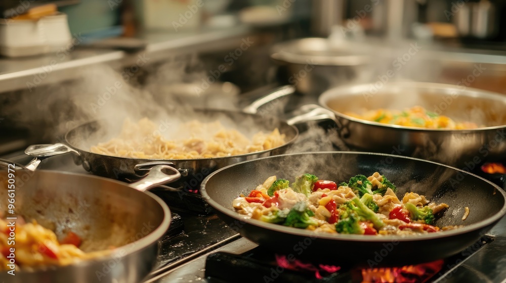 A busy kitchen with multiple hot pans on the stove, including a wok with stir-frying vegetables and a saucepan with boiling pasta, creating a dynamic cooking scene. A busy kitchen with multiple hot pans on the stove, including a wok with stir-frying vegetables and a saucepan with boiling pasta, creating a dynamic cooking scene.