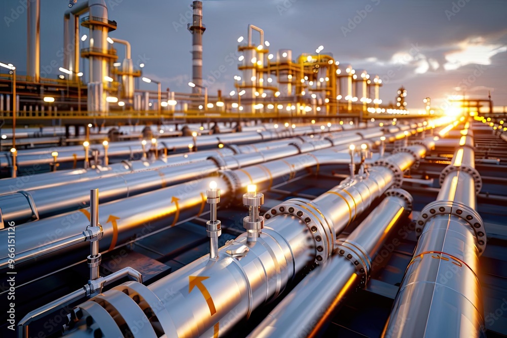 A bustling oil refinery at sunrise A bustling oil refinery at sunrise