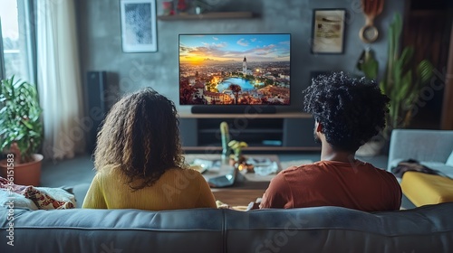 Couple Relaxing on Couch Watching TV with Cityscape on Screen