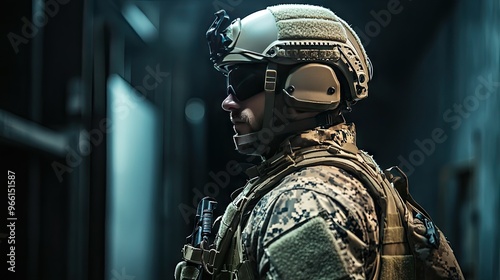 A military professional in full tactical gear, helmet and vest on, preparing for a mission in a dimly lit setting.